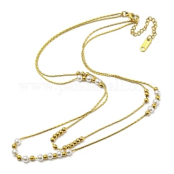 304 collane a doppio strato con catene coreana in acciaio inossidabile, con plastica imitazione perla in rilievo, oro, 14.92 pollice (37.9 cm)