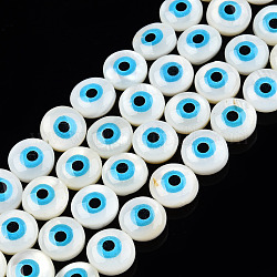Chapelets de perles en coquillage naturel, rond et plat avec des mauvais œil, blanc crème, 9x5mm, Trou: 0.8mm, Environ 40 pcs/chapelet, 14.06 pouce ~ 14.17 pouces (35.7~36 cm)