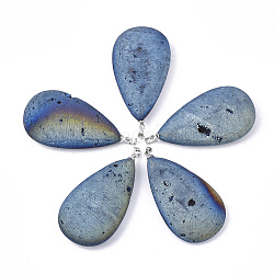 Electroplate Natural Druzy Geode Agate Pendants, with Brass Findings, teardrop, Platinum, Steel Blue, 52x28x9.5~10mm, Hole: 4.5x4mm