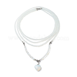 2 stücke 2 stil opalit herz anhänger halsketten set, Dreilagige, mehrsträngige Halsketten mit runden Perlen und Messing-Magnetverschluss für Damen, 7.76~39.37 Zoll (19.7~100 cm), 1pc / style