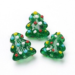 Abalorios de colores vario hechos a mano, árbol de Navidad, desigual, verde, 17~18x14.5~15x7.5~8mm, agujero: 2 mm, aproximamente 20 pcs / cadena, 13.78'' (35 cm)