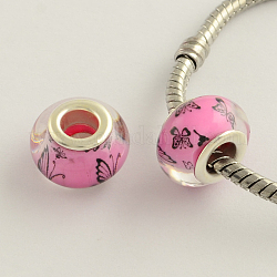 Large Hole Butterfly Pattern Acrylic European Beads, with Platinum Plated Brass Double Cores, Rondelle, Hot Pink, 14x9mm, Hole: 5mm