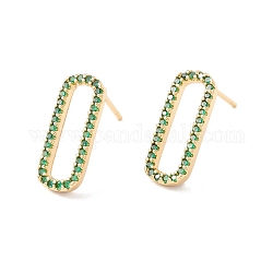 Green Cubic Zirconia Open Oval Stud Earrings, Brass Jewelry for Women, Lead Free & Cadmium Free, Real 18K Gold Plated, 17x7mm, Pin: 0.8mm