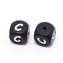 Silicone Beads, Cube with Letter.C, Black, 12x12x12mm, Hole: 2mm