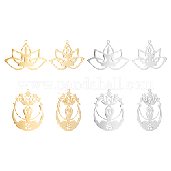 Unicraftale 8 pz 4 stili 201 pendenti in acciaio inossidabile, tema buddista, Taglio laser, cavo, buddha e loto, oro & colore acciaio inossidabile, 25~43x32~36.5x1mm, Foro: 1.6 mm, 2pcs / style