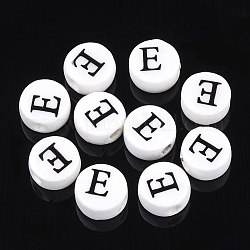 手作りの陶器ビーズ  水平穴  アルファベット付きフラットラウンド  ホワイト  文字.e  8~8.5x4.5mm  穴：2mm