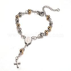 Perline bracciali rosario con croce, 201 bracciale in acciaio per pasqua, ovale con virgin mary, oro & colore acciaio inossidabile, 7-1/2 pollice (190 mm)