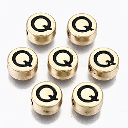 Perles d'émail en alliage, sans cadmium et sans plomb, plat rond avec initiales, or clair, noir, letter.q, 8x4mm, Trou: 1.5mm