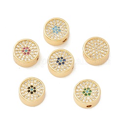 Rack Plating Eco-Friendly Brass Beads, Micro Pave Mixed Color Cubic Zirconia, Long-Lasting Plated, Cadmium Free & Lead Free, Flat Round, Real 18K Gold Plated, 10.5x4.5mm, Hole: 1.7mm
