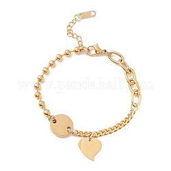 Vacuum Plating Flat Round and Heart Charm Bracelet with 304 Stainless Steel Chains for Women, Golden, 7 inch(17.7cm)
