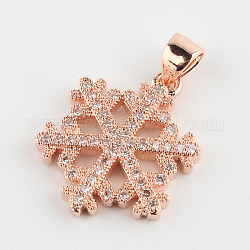 Micro ottone fiocco di neve spianare pendenti zirconi, oro roso, 19x15x2mm, Foro: 4.5x2 mm