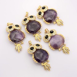 Natural Amethyst Owl Big Pendants, with Rhinestones and Golden Tone Brass Findings, 66x35~36x8~9mm, Hole: 7x4mm