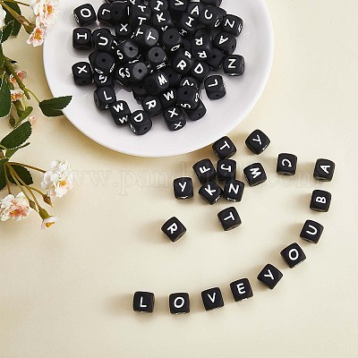Wholesale 20Pcs Black Cube Letter Silicone Beads 12x12x12mm Square Dice Alphabet  Beads with 2mm Hole Spacer Loose Letter Beads for Bracelet Necklace Jewelry  Making 