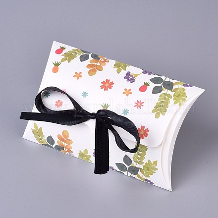 紙枕キャンディーボックス  リボン付き  結婚式の好意パーティー供給ギフトボックス  花柄  カラフル  123x76x25mm X-CON-E023-01A-05-1