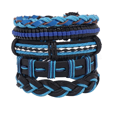 5Pcs 5 Style Adjustable Braided Imitation Leather Cord Bracelet Set with Waxed Cord for Men BJEW-F458-11-1