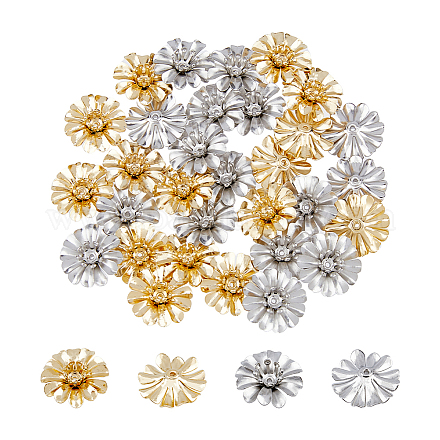 Superfindings 32 個 2 色真鍮ビーズキャップ  マルチ花弁花  プラチナ·ゴールデン  14x5mm  穴：0.9mm  16個/カラー KK-FH0005-29-1