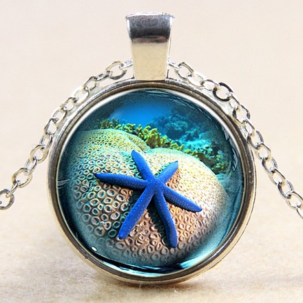 Glass Fantasy Underwater World Blue Starfish Time Gem Pendant Necklaces X-NJEW-N0051-001J-02-1