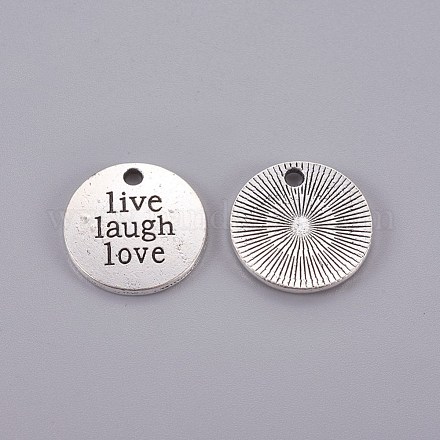 Tibetan Style Alloy Flat Round Carved Word Live Laugh Love Message Pendants X-TIBEP-12582-AS-NR-1
