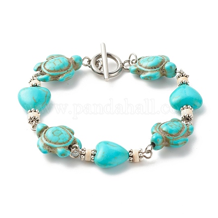 Bracelet en perles synthétiques turquoise (teint) coeur et tortue BJEW-JB07302-02-1
