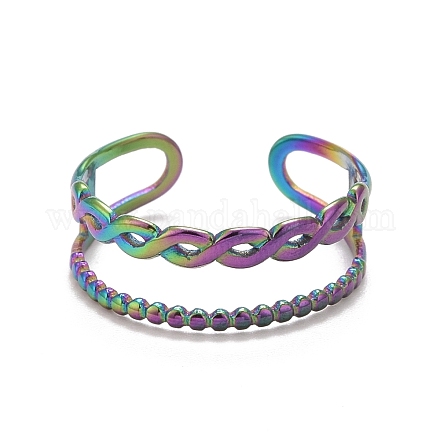 Rainbow Color Ion Plating(IP) 304 Stainless Steel Double Line Open Cuff Ring for Women RJEW-A005-28MC-1