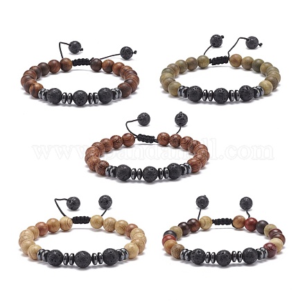 Bracelet de perles tressées en pierre de lave naturelle et bois BJEW-JB08537-1