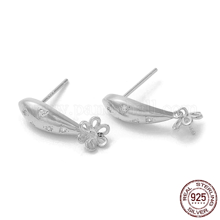 Rhodium Plated Flower 925 Sterling Silver Micro Pave Cubic Zirconia Stud Earring Findings STER-P056-12P-1
