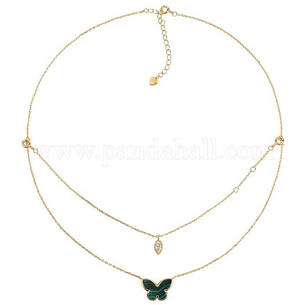 Doppellagige Halskette mit ovalem Anhänger aus natürlichem Malachit-Schmetterling und Zirkonia JN1057A-1