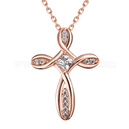 Ожерелья с подвесками в виде креста из натурального розового золота из латуни с кубическим цирконием NJEW-BB05740-RG-1