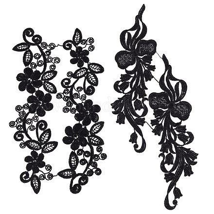 Gorgecraft 2 paires de dentelle applique fleur broderie patch noir dentelle garnitures colliers pour bricolage décoré artisanat couture costume (11x2.7~3in) DIY-GF0001-69-1
