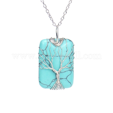 Synthetic Turquoise Pendant Necklace with Brass Cable Chains PW23042505808-1