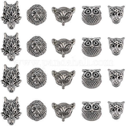 SUNNYCLUE 1 Box 40Pcs Animal Bracelet Beads Animals Head Bead 3D Tibetan Style Antique Silver Alloy Lion Leopard Wolf Fox Owl Beads Loose Spacer Beads for Jewelry Making Beading Kits DIY Crafts TIBEB-SC0001-25-1