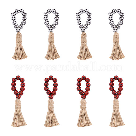 Crafans 8 pz 2 colori motivo tartan perline di legno e portatovaglioli con nappe di iuta AJEW-CF0001-06-1