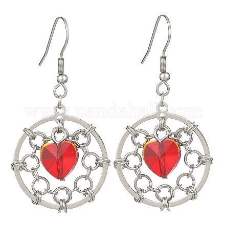 Brass Flat Round & Glass Heart Dangle Earrings EJEW-TA00270-1