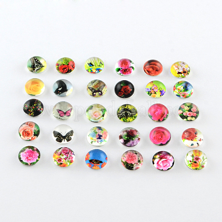 Half Round/Dome Flower Pattern Glass Flatback Cabochons for DIY Projects GGLA-Q037-8mm-17-1
