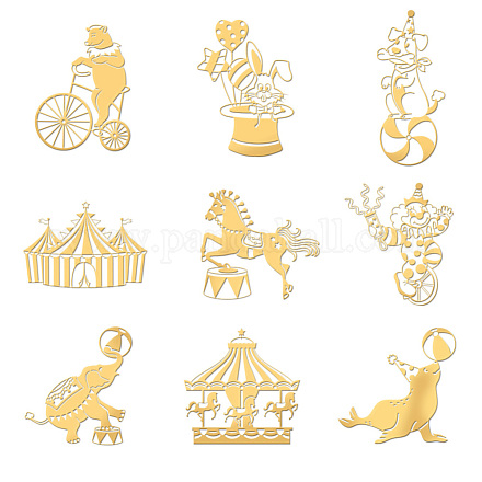 OLYCRAFT 9pcs 1.6x1.6 Inch Carnival Circus Metal Stickers Mardi Gras Self Adhesive Gold Stickers Clown Magic Metal Gold Stickers for Scrapbooks DIY Resin Crafts Phone Water Bottle Decor DIY-WH0450-112-1