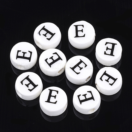 手作りの陶器ビーズ  水平穴  アルファベット付きフラットラウンド  ホワイト  文字.e  8~8.5x4.5mm  穴：2mm PORC-Q259-01E-1