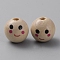 Printed Wood European Beads, Large Hole Bead with Smiling Face, Undyed, Round, 14mm, Hole: 4mm