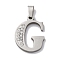 201 Stainless Steel Pendants, with Rhinestone, Letter, Letter G, 25x18x2mm, Hole: 6x3mm