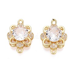 Ciondoli connettore in ottone con pavé di zirconi cubici trasparenti, link di fiori, placcato di lunga durata, oro, 12x16.5x6mm, Foro: 1~1.2 mm