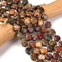 Hilos de cuentas de jaspe picasso natural/jaspe policromado, cuentas de moneda con corte hexagonal facetado, plano y redondo, con abalorios de la semilla, 10~10.5x6mm, agujero: 1.1 mm, aproximamente 31~32 pcs / cadena, 15.35''~15.55'' (39~39.5 cm)