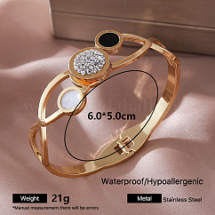 Brazaletes articulados de acero inoxidable 304 con micro pavé de circonitas cúbicas transparentes y esmalte negro, con concha blanca natural para mujer., dorado, plano y redondo, diámetro interior: 2.36 pulgada (6 cm)