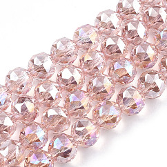 Placcare trasparente perle di vetro fili, sfaccettato, tondo, roso, 8x7.5mm, Foro: 1 mm, circa 70~72pcs/filo, 20.67 pollice ~ 21.26 pollici (52.5~54 cm)