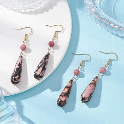 Серьги-подвески из натурального родонита в форме капли&nbsp;EJEW-JE06840