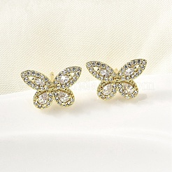 Серьги-гвоздики в форме бабочки из латуни с прозрачным кубическим цирконием&nbsp;EJEW-L261-029B-G