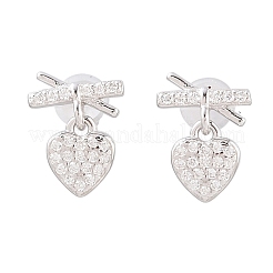 925 подвесные серьги-гвоздики из стерлингового серебра с микропаве из прозрачных кубических цирконий в форме сердца с бантом&nbsp;EJEW-C176-03P