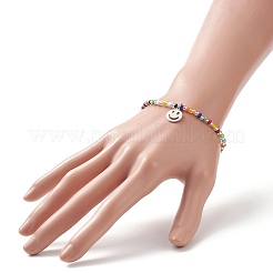 Braccialetto elasticizzato con perline di semi colorati con ciondoli in ottone per donna&nbsp;BJEW-JB09218-01