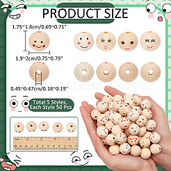 250 pièces 5 styles perles européennes en bois naturel imprimé&nbsp;WOOD-NB0002-63