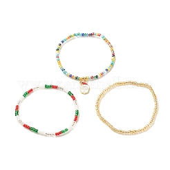 3 pièces 3 bracelets extensibles en graines de verre de style sertis d'alliage père noël pour les femmes&nbsp;BJEW-JB08204