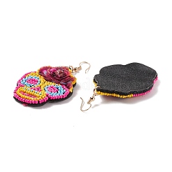Pendientes colgantes grandes trenzados con semillas de vidrio y calavera de Halloween&nbsp;EJEW-B011-06B
