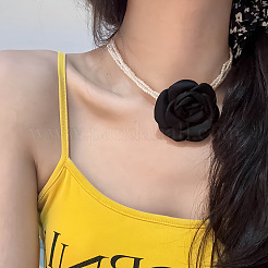 Gargantilla con colgante de flor de rosa 3D de perla sintética redonda blanca de 3 capa para mujer&nbsp;WG1928F-03